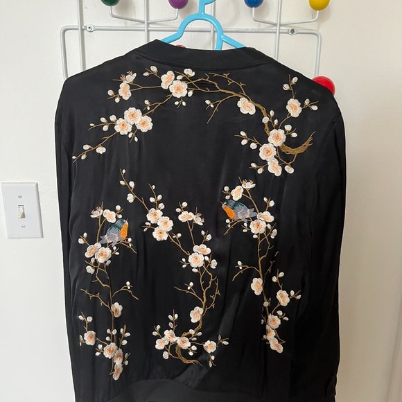 Satin Zara Embroidered Bomber Jacket with Birds - Picture 3 of 7